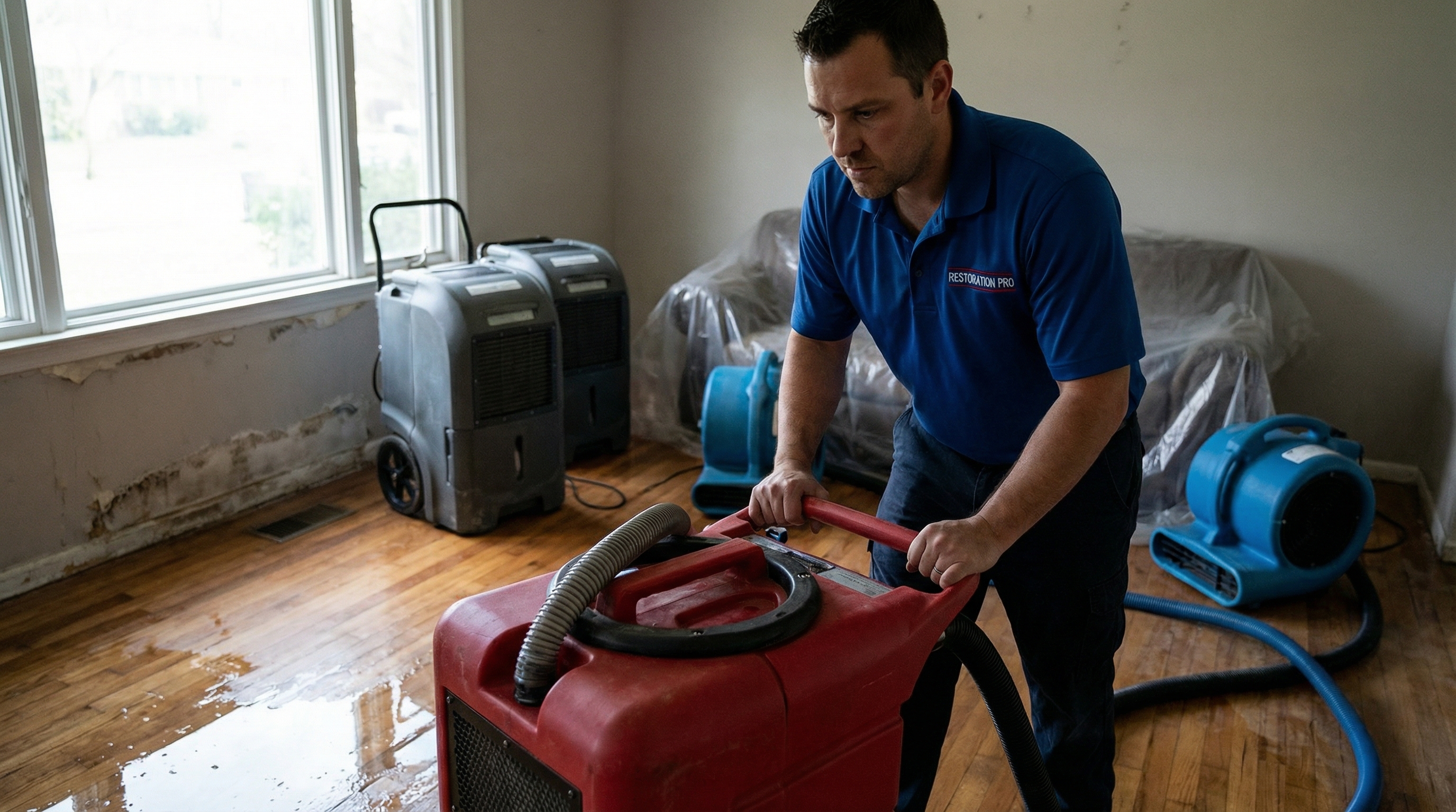 Water damage restoration emergency service in progress